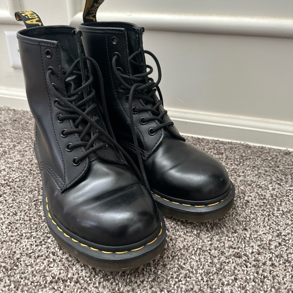 Dr. Martens Black Leather Boots with Yellow Stitching